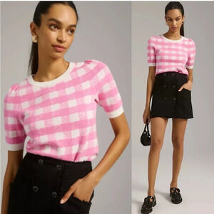 Maeve By Anthropologie “Harmon” Pink/White Check Knit Sweater Top Small NWT!